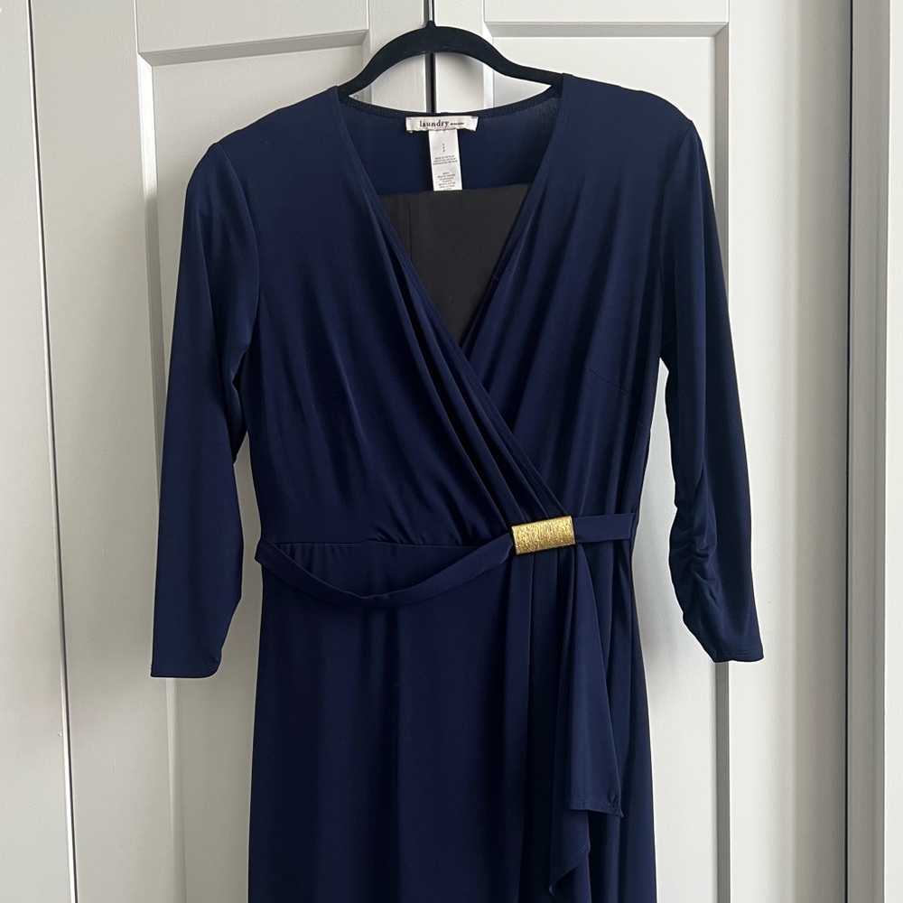 Stunning elegant blue faux wrap dress